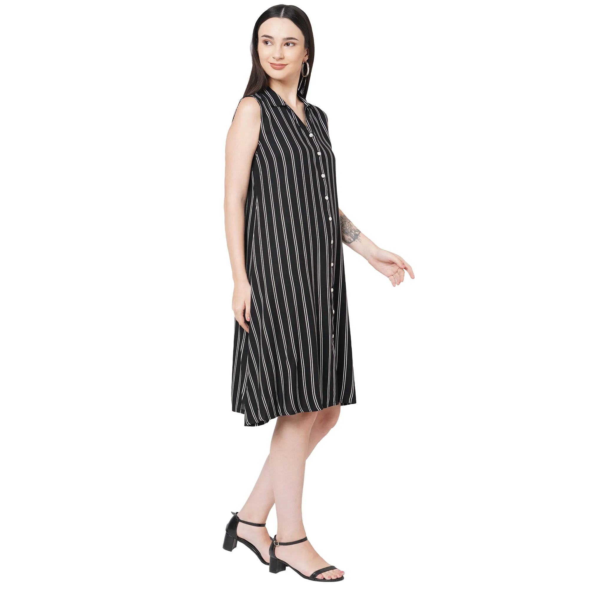 Black Striped Collar Neck Dress For Women