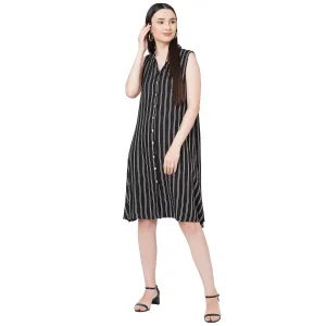 Black Striped Collar Neck Dress For Women