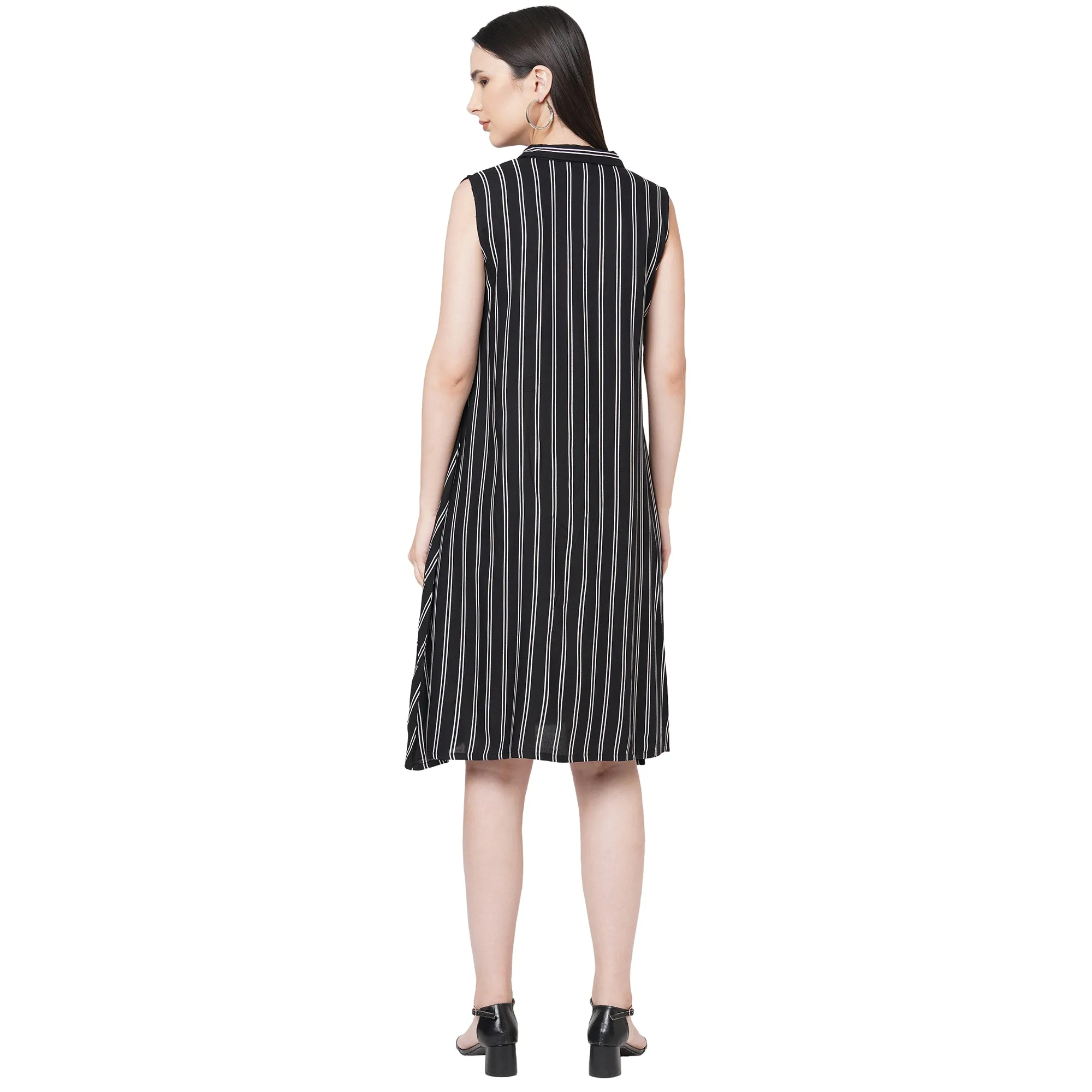 Black Striped Collar Neck Dress For Women