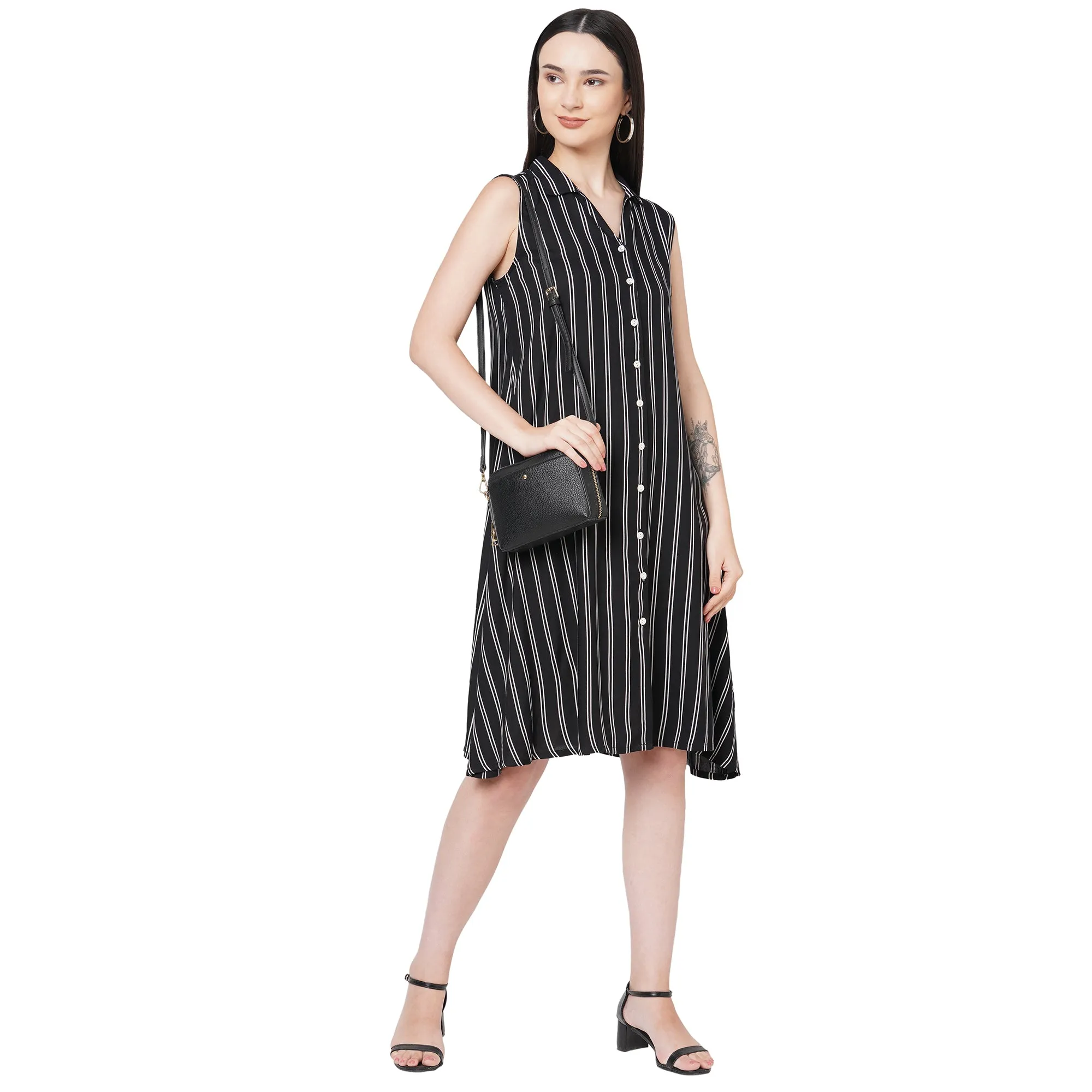 Black Striped Collar Neck Dress For Women