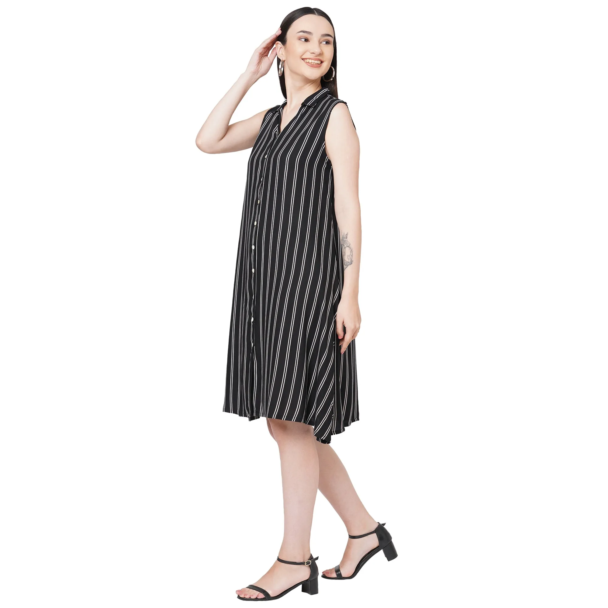 Black Striped Collar Neck Dress For Women