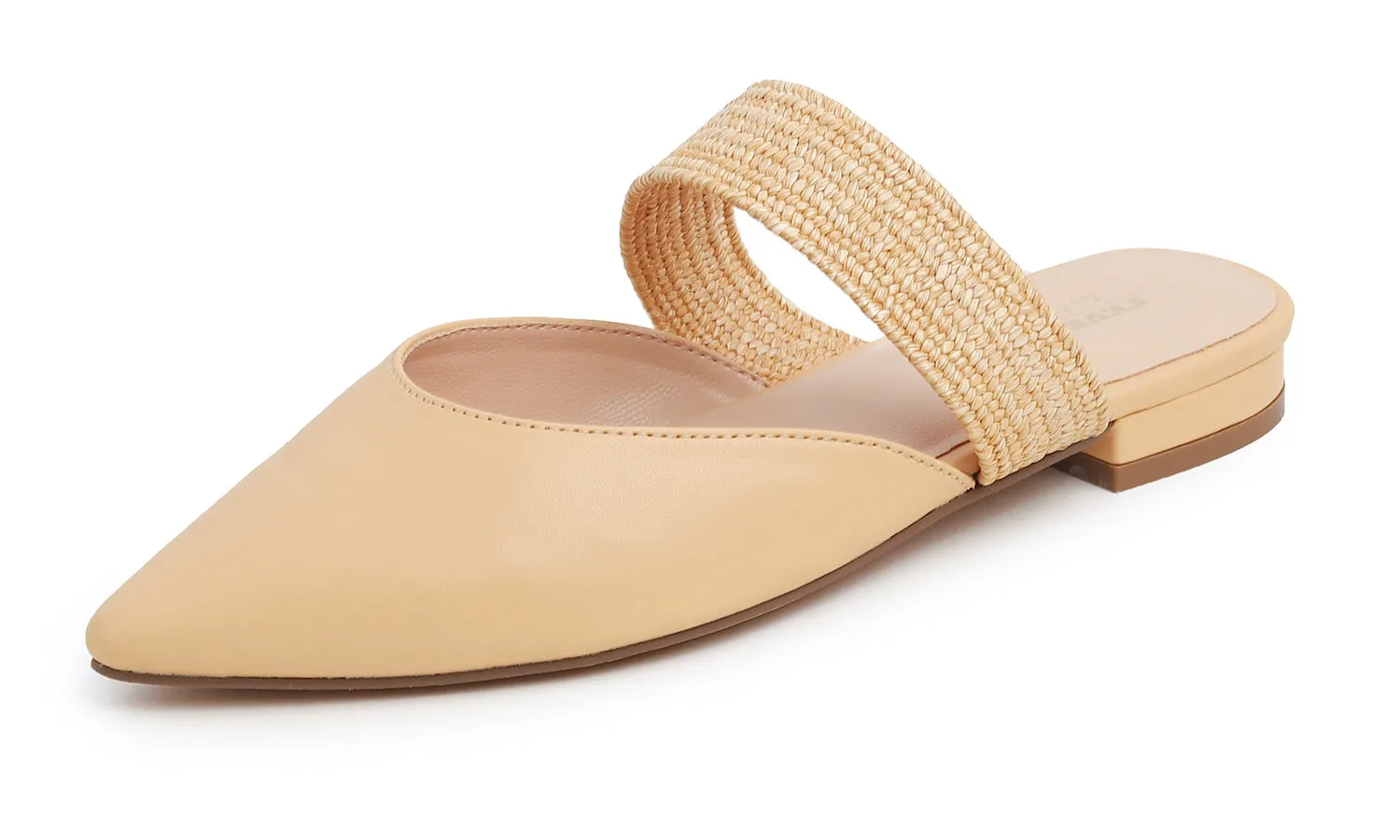 Feversole Women's Pointed Toe Fashion Mules Low Heel Flats Casual Summer Slide Vegan Leather Raffia Strap