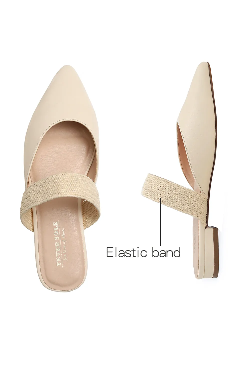 Feversole Women's Pointed Toe Fashion Mules Low Heel Flats Casual Summer Slide Vegan Leather Raffia Strap