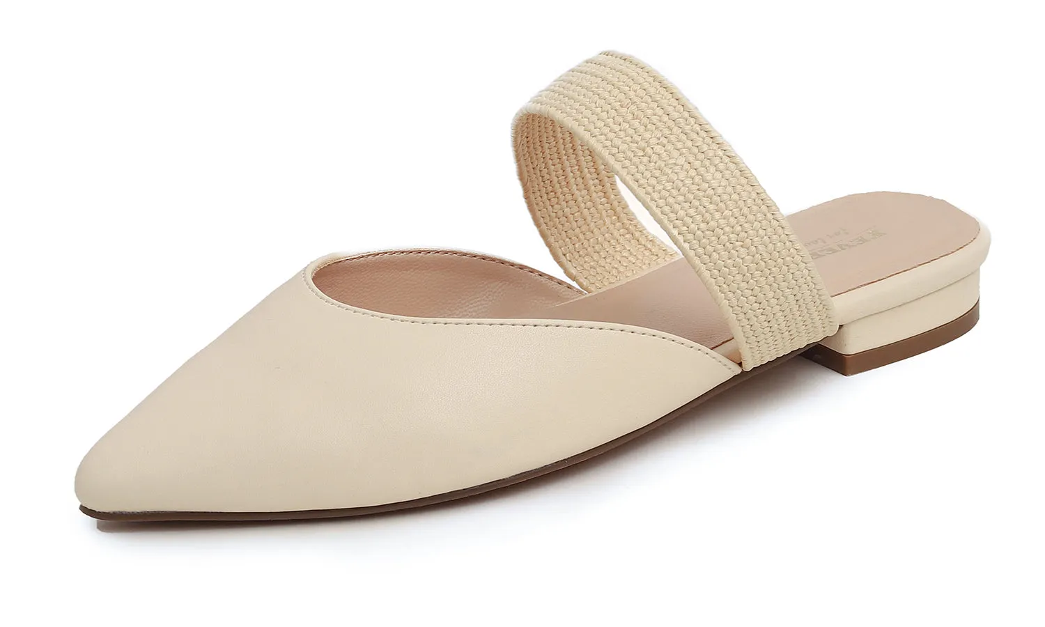 Feversole Women's Pointed Toe Fashion Mules Low Heel Flats Casual Summer Slide Vegan Leather Raffia Strap