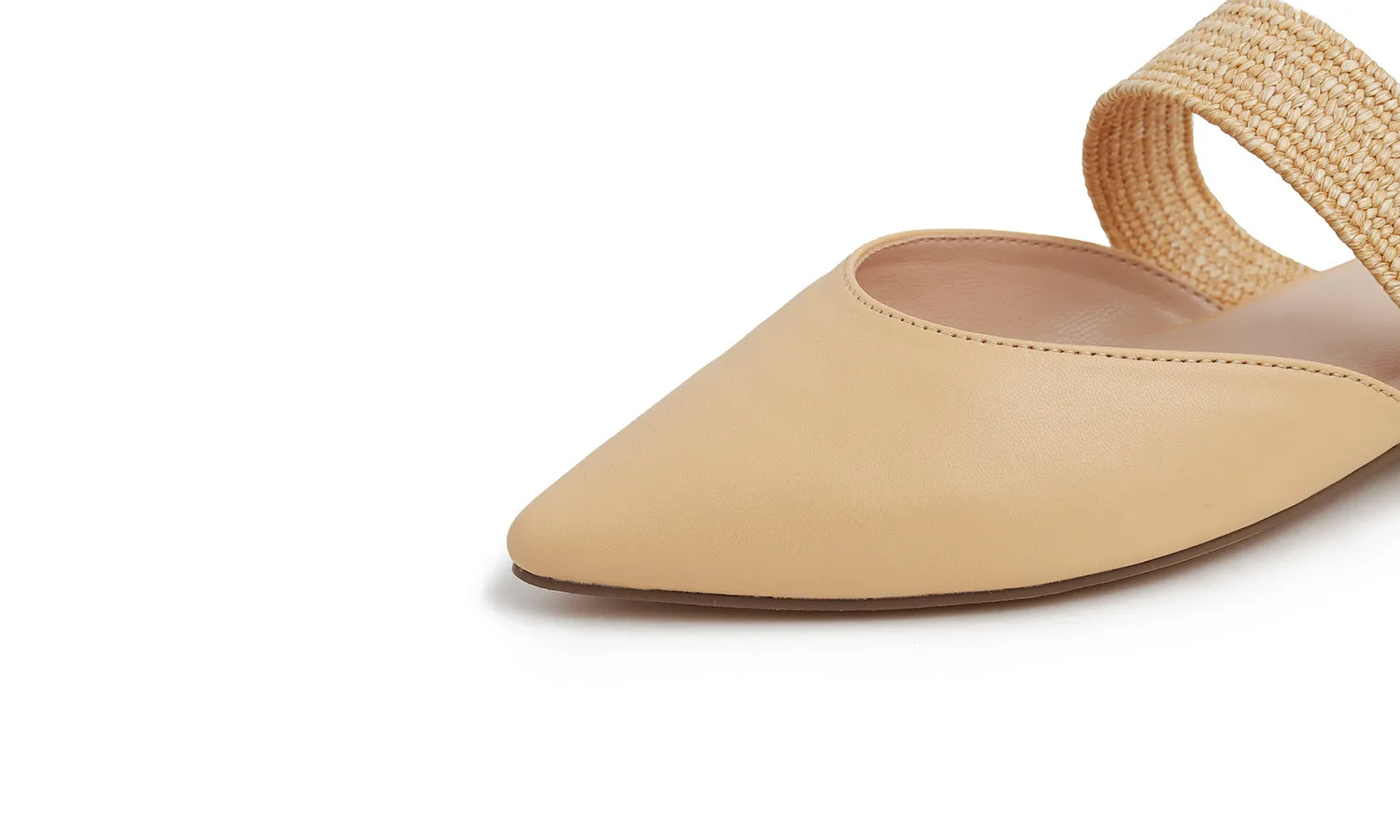 Feversole Women's Pointed Toe Fashion Mules Low Heel Flats Casual Summer Slide Vegan Leather Raffia Strap