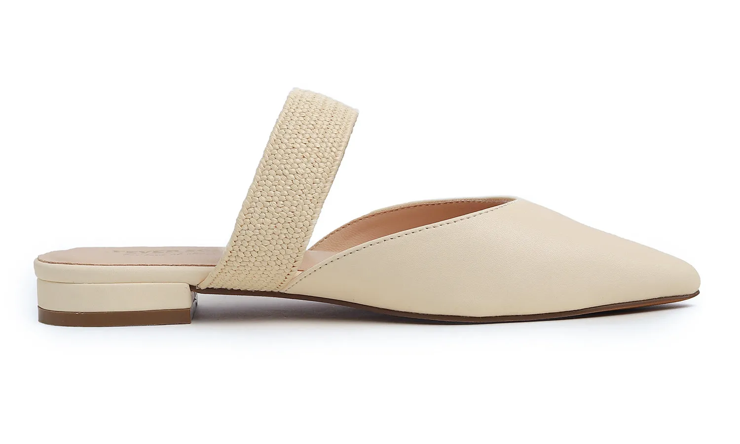 Feversole Women's Pointed Toe Fashion Mules Low Heel Flats Casual Summer Slide Vegan Leather Raffia Strap