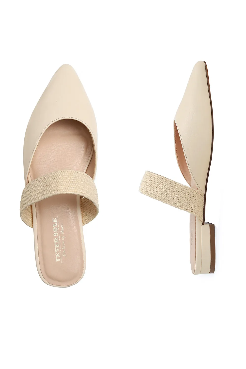 Feversole Women's Pointed Toe Fashion Mules Low Heel Flats Casual Summer Slide Vegan Leather Raffia Strap