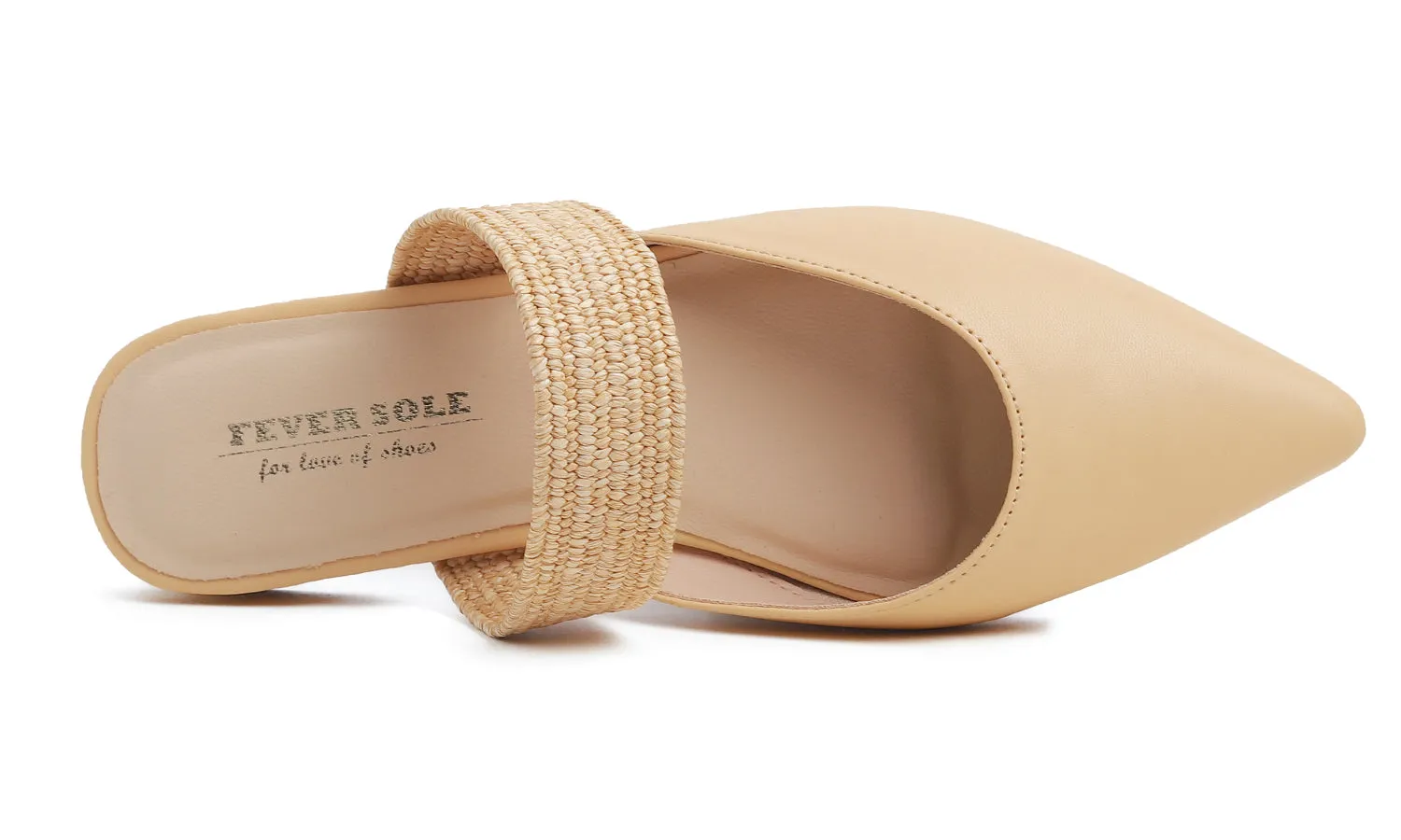 Feversole Women's Pointed Toe Fashion Mules Low Heel Flats Casual Summer Slide Vegan Leather Raffia Strap