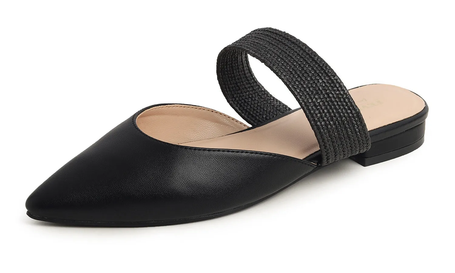 Feversole Women's Pointed Toe Fashion Mules Low Heel Flats Casual Summer Slide Vegan Leather Raffia Strap
