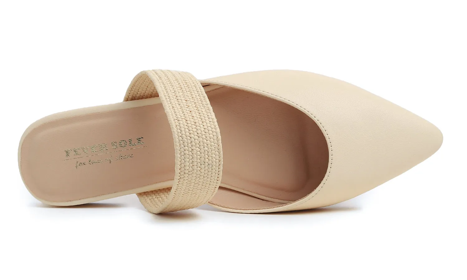 Feversole Women's Pointed Toe Fashion Mules Low Heel Flats Casual Summer Slide Vegan Leather Raffia Strap