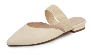 Feversole Women's Pointed Toe Fashion Mules Low Heel Flats Casual Summer Slide Vegan Leather Raffia Strap