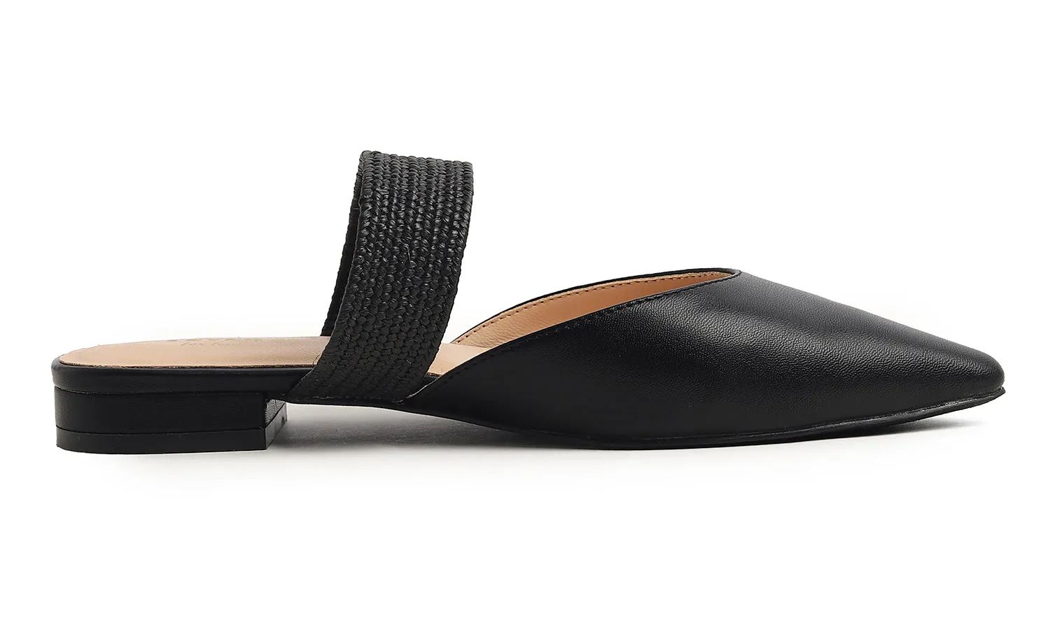 Feversole Women's Pointed Toe Fashion Mules Low Heel Flats Casual Summer Slide Vegan Leather Raffia Strap