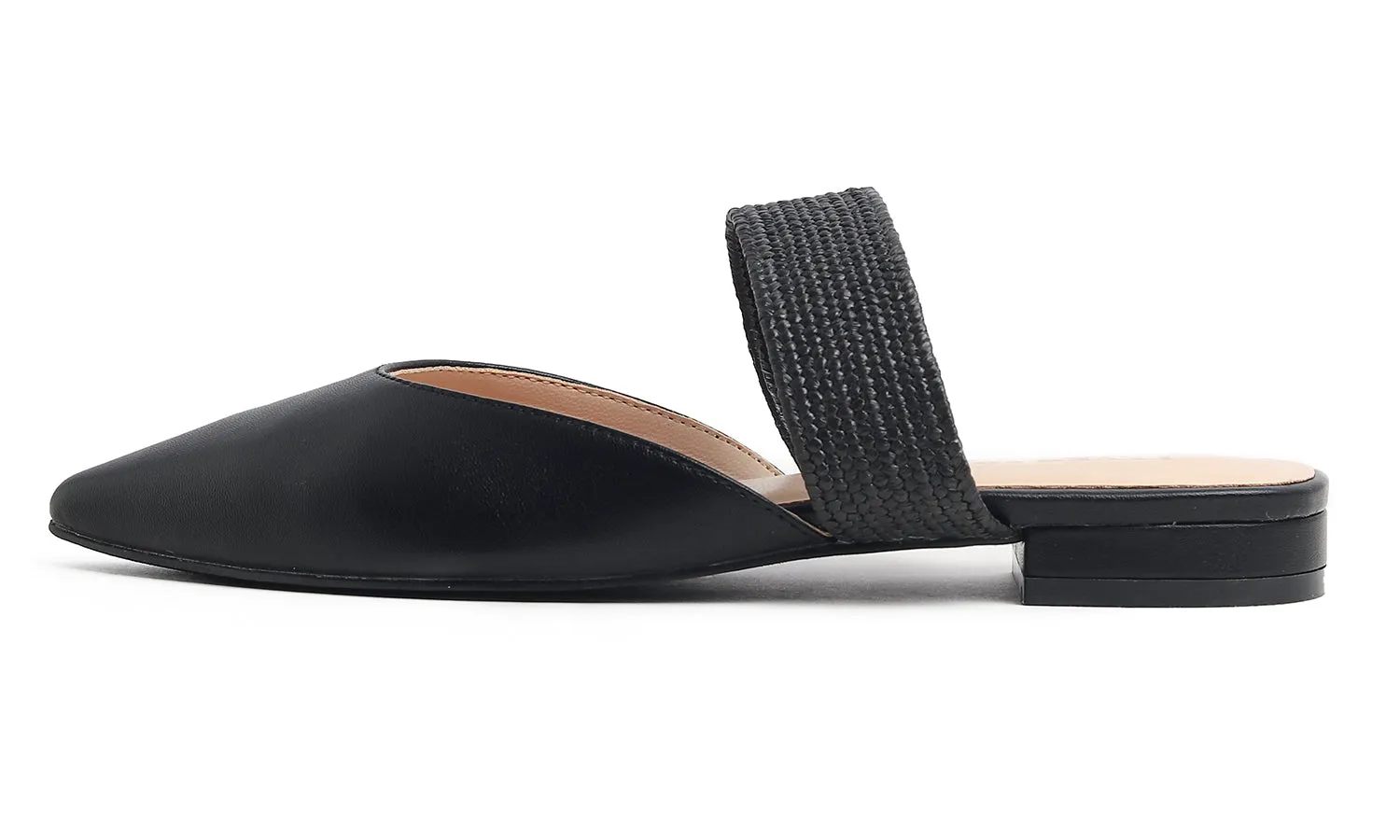 Feversole Women's Pointed Toe Fashion Mules Low Heel Flats Casual Summer Slide Vegan Leather Raffia Strap