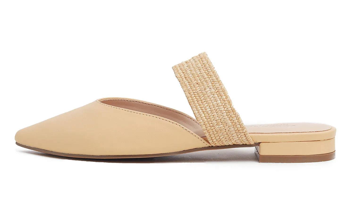 Feversole Women's Pointed Toe Fashion Mules Low Heel Flats Casual Summer Slide Vegan Leather Raffia Strap
