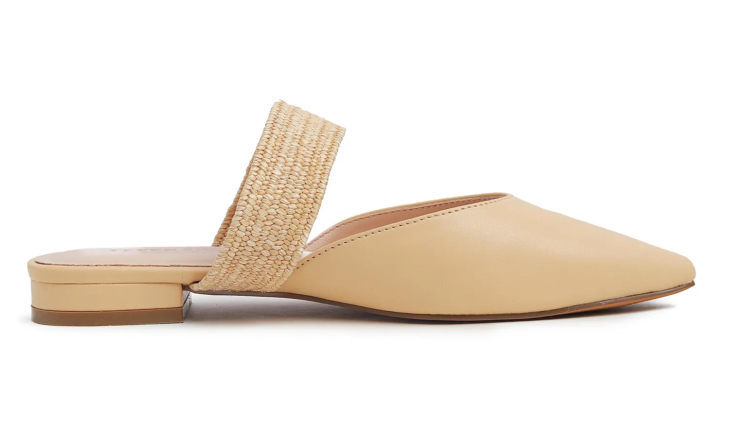 Feversole Women's Pointed Toe Fashion Mules Low Heel Flats Casual Summer Slide Vegan Leather Raffia Strap