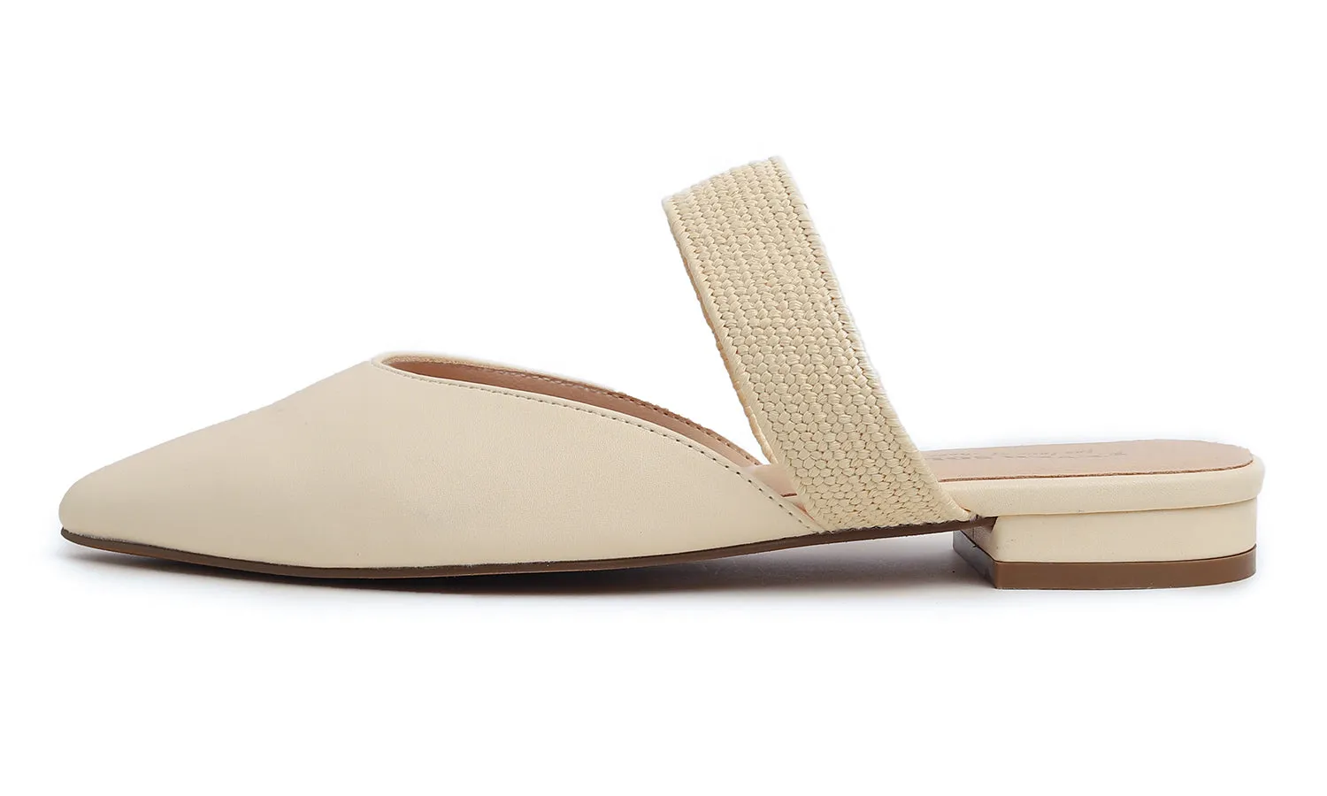 Feversole Women's Pointed Toe Fashion Mules Low Heel Flats Casual Summer Slide Vegan Leather Raffia Strap
