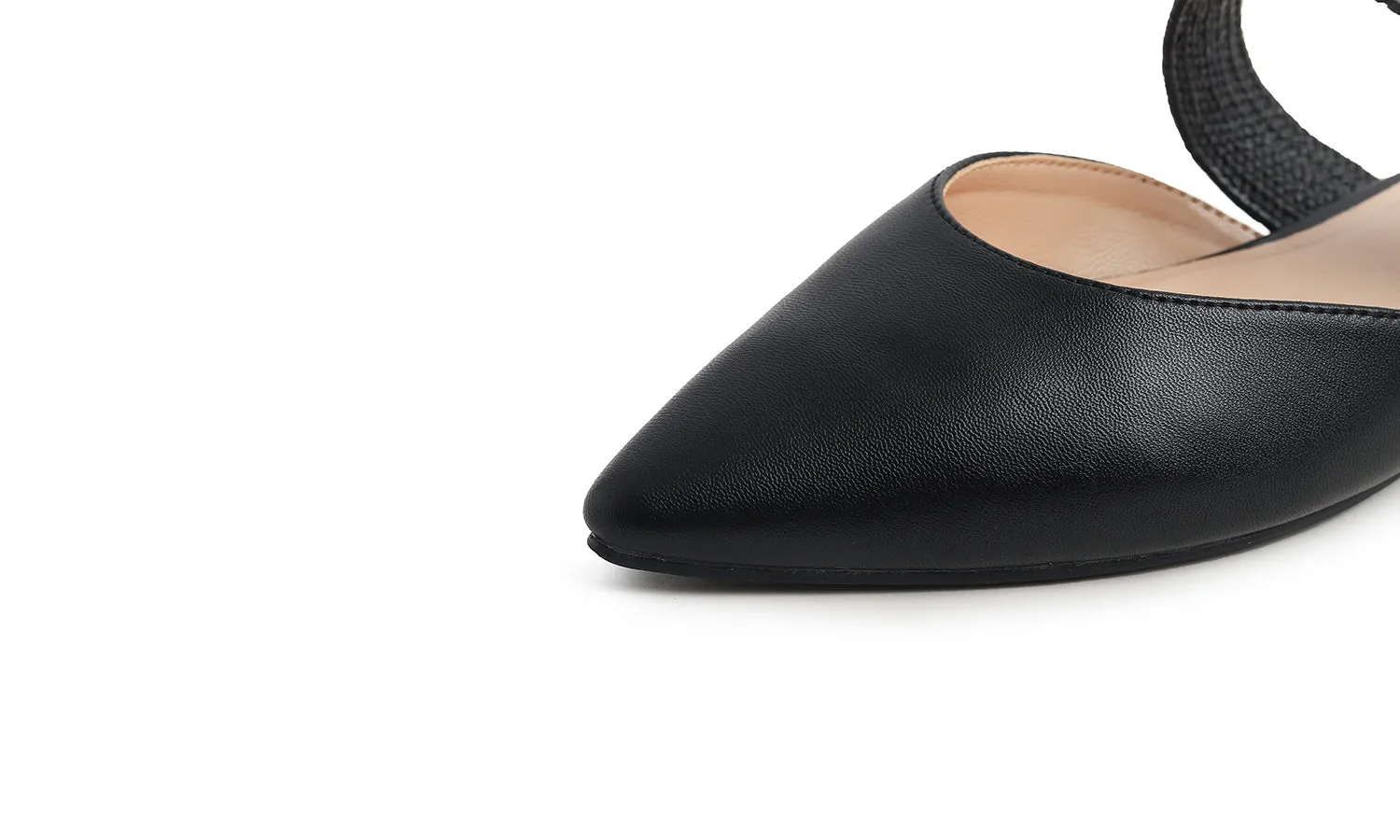 Feversole Women's Pointed Toe Fashion Mules Low Heel Flats Casual Summer Slide Vegan Leather Raffia Strap