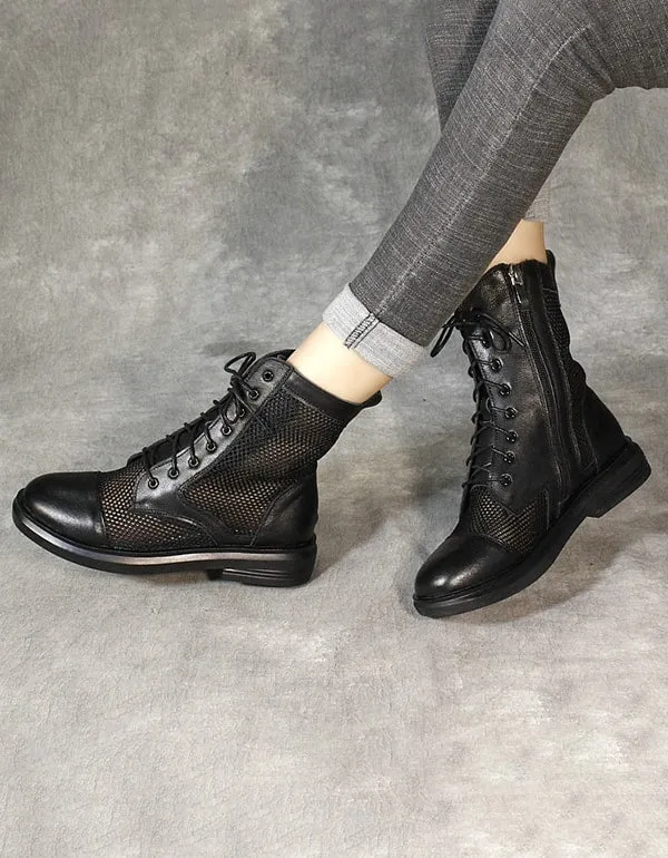 New Retro Leather Mesh Summer Black Boots