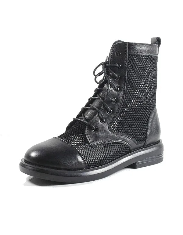 New Retro Leather Mesh Summer Black Boots