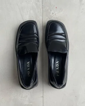 PRADA SS99 BLACK LEATHER SQUARE TOE LOAFERS - EU 37.5 / UK 4.5